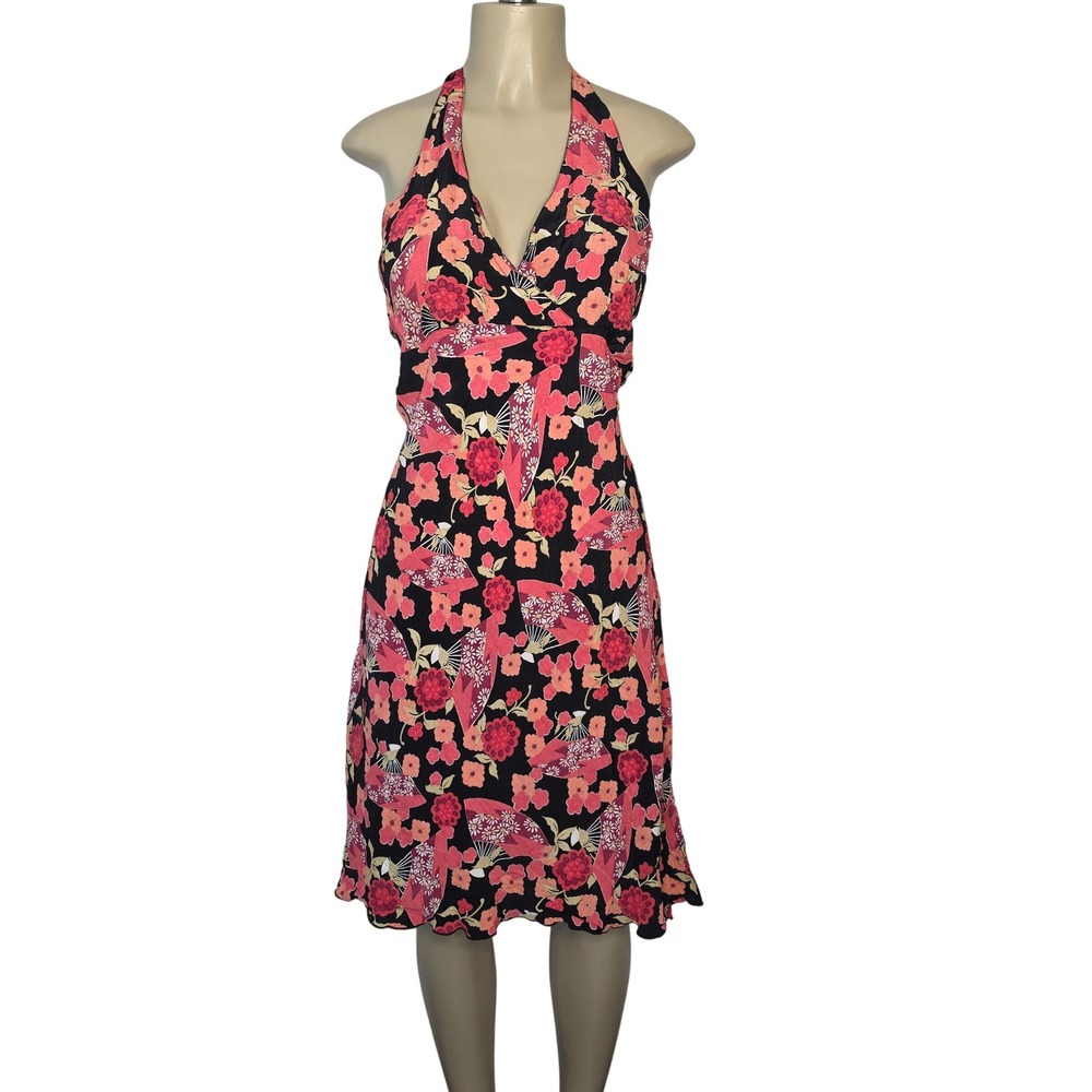 Angie Dress Womens M Black Pink Floral Fan Print Halter Neck Lettuce Hem Rayon